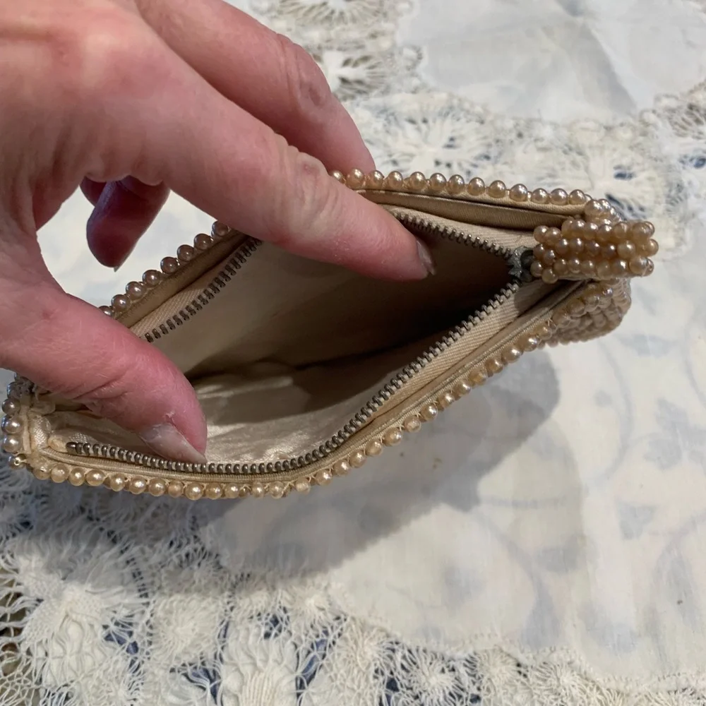 Vintage Pearl-Embellished Tan Clutch
